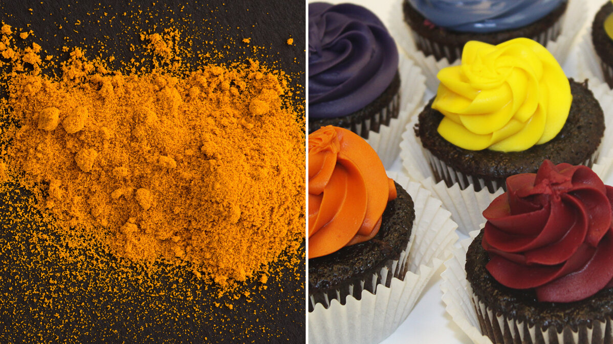 Turmeric, on left, was used to make the yellow in the cupcakes on the right. (NPR; Courtesy of colorMaker Inc.) Turmeric, on left, was used to make the yellow in the cupcakes on the right. (NPR; Courtesy of colorMaker Inc.)