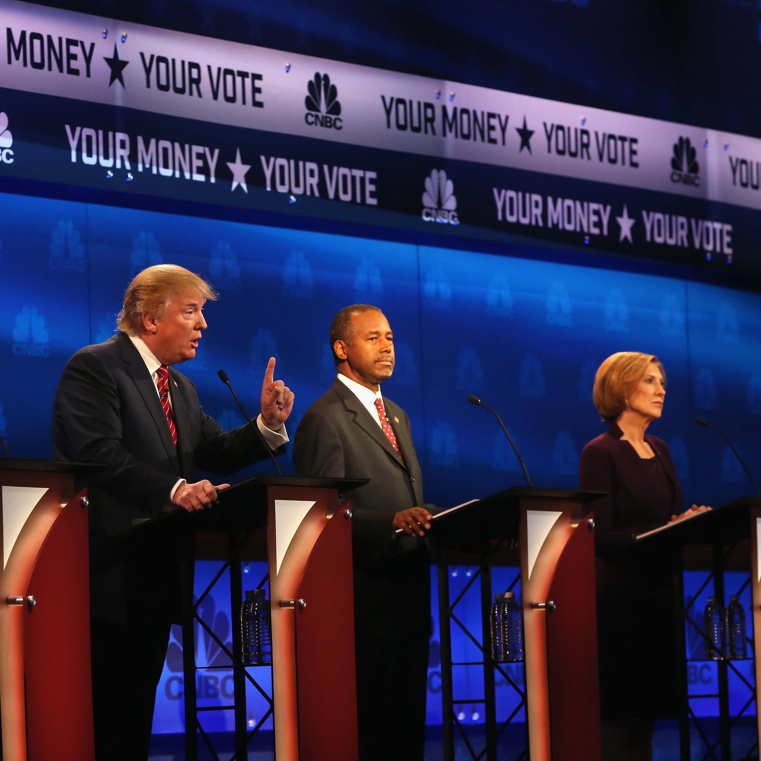 Presidential candidate Donald Trump speaks while Sen. Marco Rubio, Ben Carson, Carly Fiorina and Sen. Ted Cruz look on during the CNBC Republican Presidential Debate at in Boulder, Colorado, on Wednesday.