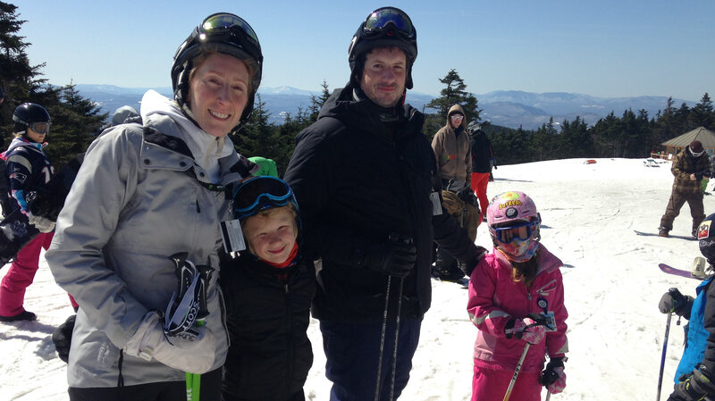 Paige and Bjorn Bellenbaum pose while on a skiing trip with their two kids, Max, 9, and Ella, 7. After Paige sought help for what she learned to be postpartum depression, the Bellenbaums say they feel stronger now. (Courtesy of the Bellenbaum family)