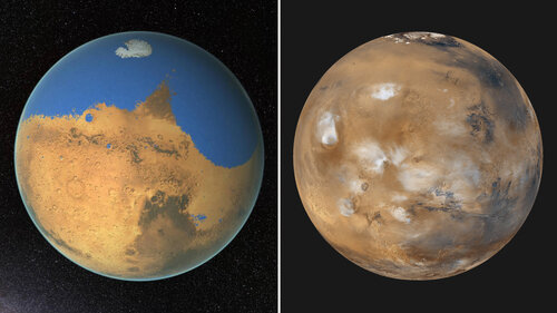 Left: An artist's conception of early, wet Mars. Right: Modern-day Mars is dry and cold. (NASA/GSFC; NASA/JPL/MSSS)