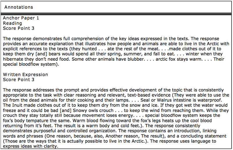 PARCC annotations from a student's 2015 ELA exam.