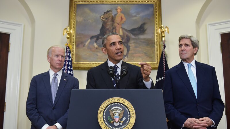 President Obama, flanked by Secretary of State John Kerry (right) and Vice President Joe Biden, announced the Keystone XL pipeline decision Friday in the Roosevelt Room of the White House. (Mandel Ngan/AFP/Getty Images)