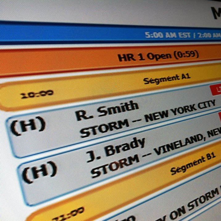 The rundown board, like this Morning Edition one shown during Hurricane Sandy, displays the schedule of segments which make up each NPR show. When big news breaks, the planned rundown may be changed completely.