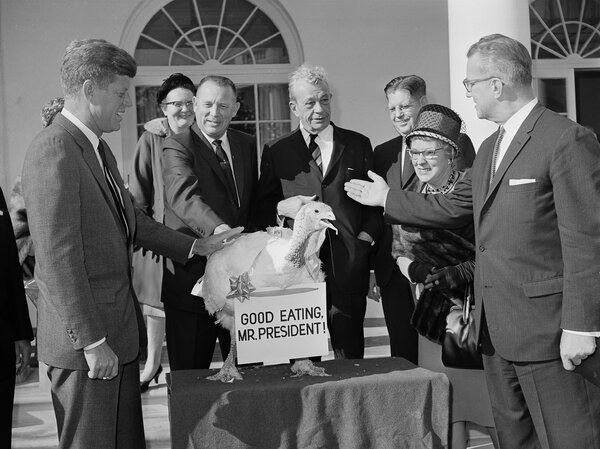 President John F. Kennedy reaches out to touch a 40-pound turkey at the White House in 1963. The presentation was made on behalf of the nation's turkey industry. (Harvey Georges/AP) President John F. Kennedy reaches out to touch a 40-pound turkey at the White House in 1963. The presentation was made on behalf of the nation's turkey industry.