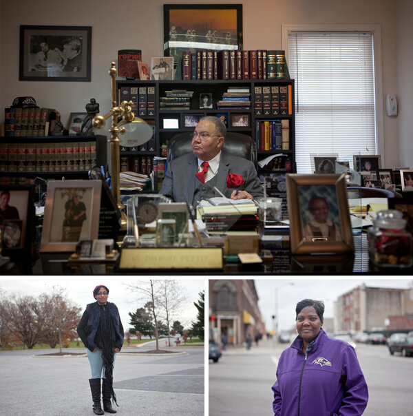 TOP: Baltimore defense attorney A. Dwight Pettit has won a string of civil cases over excessive force. LEFT: Tanya Preacher says she's hoping for convictions. RIGHT: Missa Grant thinks another riot may happen if the evidence shows the officers are not guilty. (Jun Tsuboike/NPR)