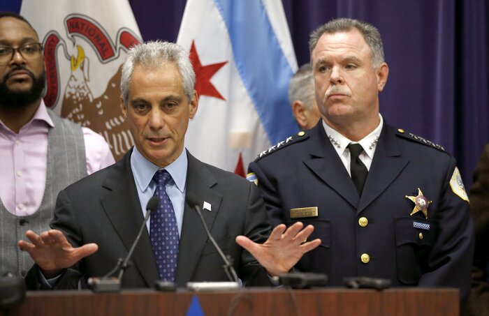 Chicago Mayor Rahm Emanuel and Police Superintendent Garry McCarthy appear at a news conference on Nov. 24th in Chicago. (Charles Rex Arbogast/AP)