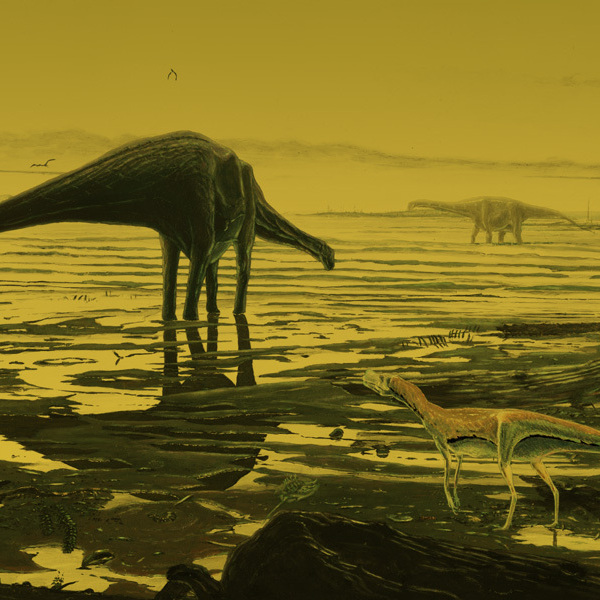An artist's rendering of sauropods that once roamed in a lagoon area on Scotland's Isle of Skye.