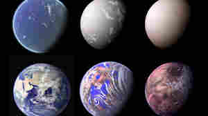 Earth has been many different planets in its long history — and could be more. Some imaginary views are shown here. Top (from left): a water world before large-scale continents had formed; a "snowball" Earth phase with extreme glaciation; and a world shrouded in smoke after a large asteroid impact. Bottom: Earth today; Earth losing its oceans as the sun becomes hotter; and a final scorched Earth.