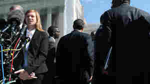 Abigail Noel Fisher, who challenged a racial component to University of Texas at Austin's admissions policy, speaks to the media outside the U.S. Supreme Court building during arguments in the case in October of 2013.