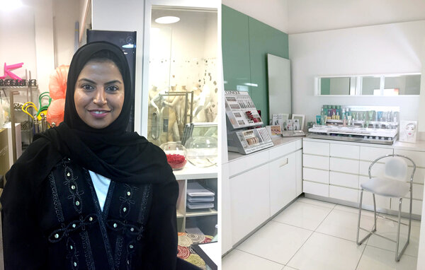 May Saja, left, general manager of merchandising at Harvey Nichols, who says that the election was "just the beginning," but also that "it's not easy to change the mindset of a whole country." On the right: one of the private makeup rooms Princess Reema put into the store to make female customers more comfortable. (Rachel Martin/NPR) May Saja, left, general manager of merchandising at Harvey Nichols, who says that the election was "just the beginning," but also that "it's not easy to change the mindset of a whole country." On the right: one of the private makeup rooms Princess Reema put into the store to make female customers more comfortable. (Rachel Martin/NPR)