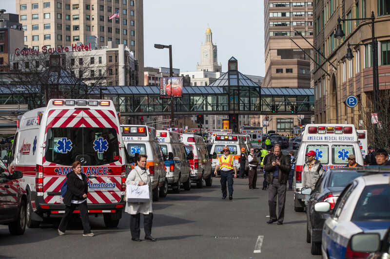 Ambulances lined up following two explosions near the finish line of the Boston Marathon on April 15, 2013. (Aram Boghosian for The Boston Globe via Getty Images)