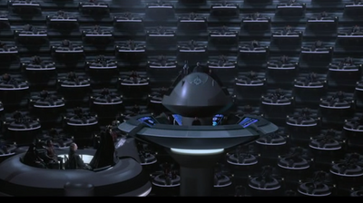 Queen Amidala addresses the Galactic Senate, calling for a vote of no confidence in the chancellor.