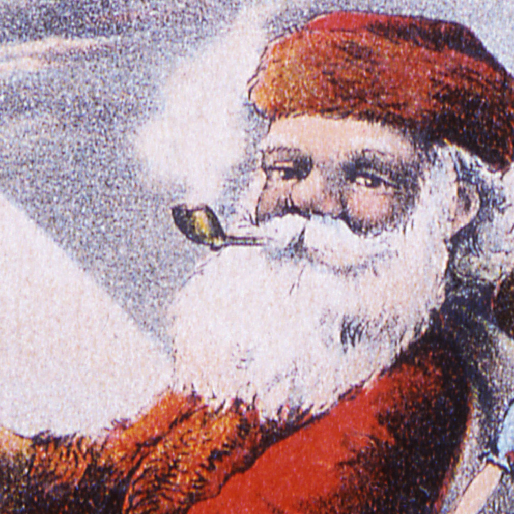 A trade card from the 1880s depicts a Santa Claus figure in a bird-themed sleigh pulled by reindeer as they are about the land on a rooftop to deliver presents from the huge sack of gifts.