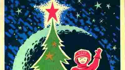 A 1966 postcard featuring a yolka — and a little red-clad cosmonaut.