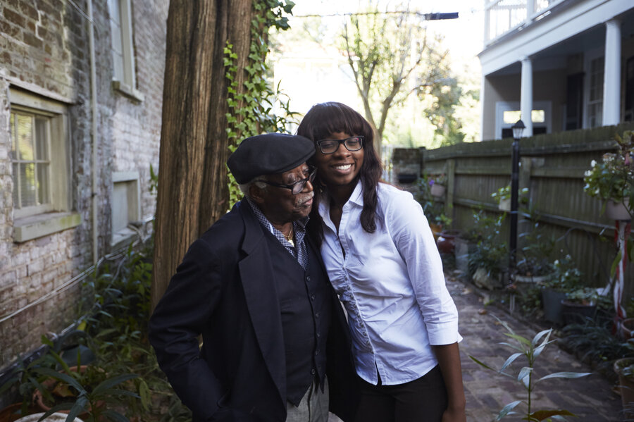 Judge Richard Fields, affectionately known as "The Judge" to his family, and LaCurtia Brown embrace outside of Liz and Albert Alston's home. (Dustin Franz for NPR) Judge Richard Fields, affectionately known as "The Judge" to his family, and LaCurtia Brown embrace outside of Liz and Albert Alston's home. (Dustin Franz for NPR)