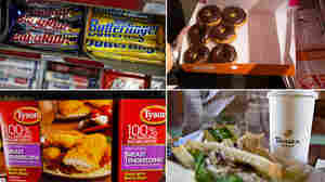 Clockwise from top left: General Mills, Nestle, Dunkin Donuts, Panera, Tyson Chicken and McDonald's, among other big food companies, made commitments in 2015 to change the way they prepare and procure their food products.
