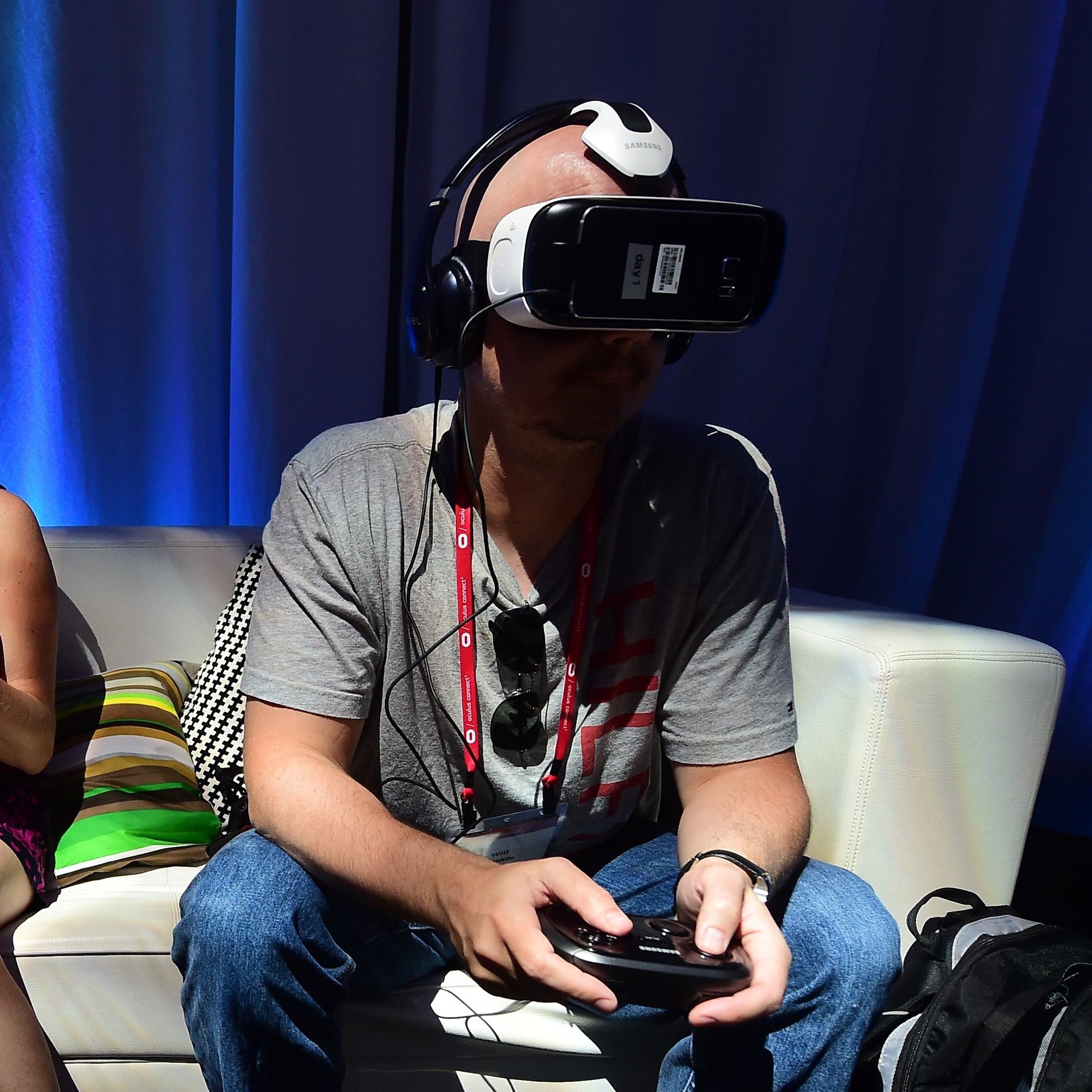 People sample the Oculus-made Samsung Gear VR Virtually Reality headset Sept. 24 in Hollywood, Calif., at the Oculus Connect 2 event.