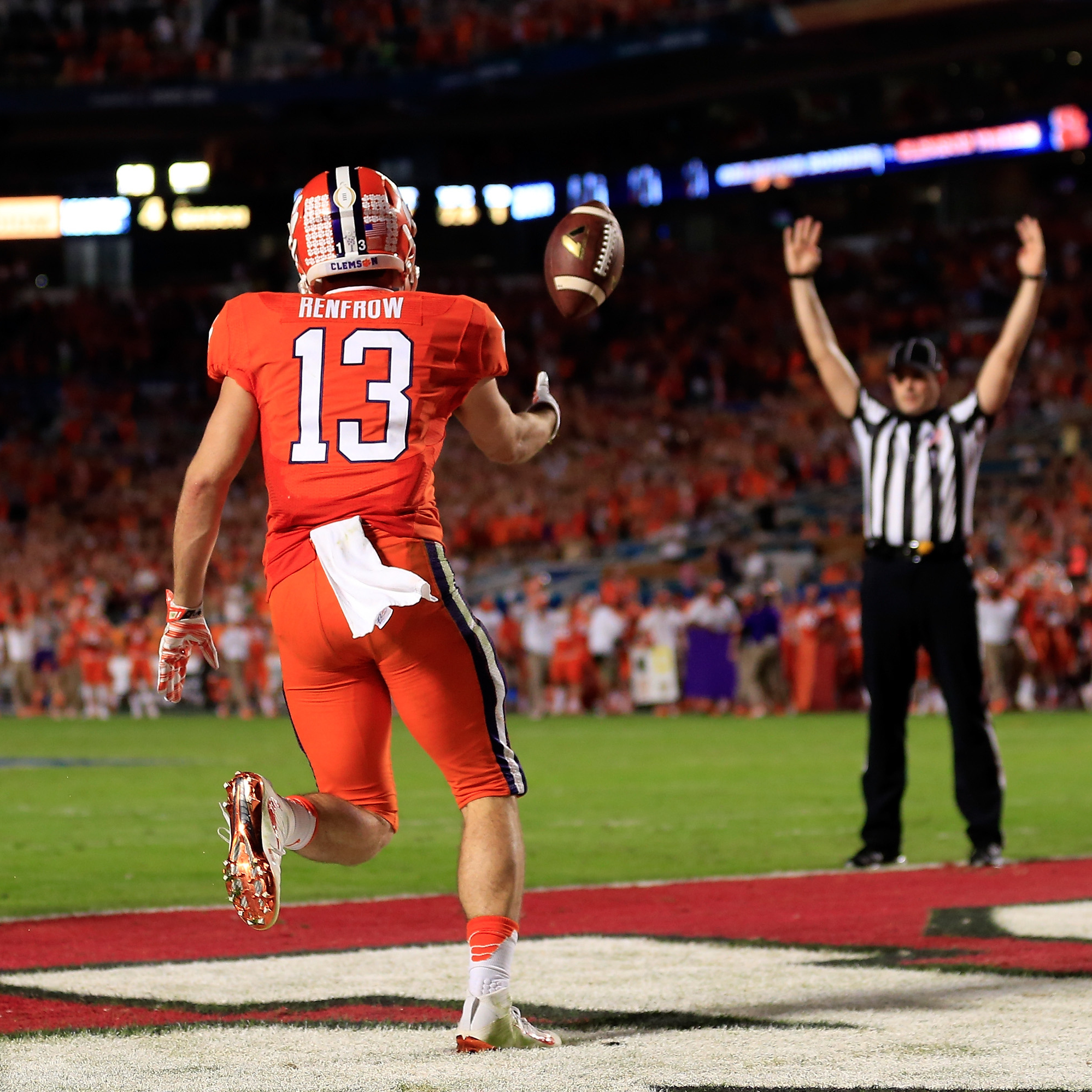 Hunter Renfrow of the Clemson Tigers celebrates scoring a touchdown in the third quarter Thursday against the Oklahoma Sooners during the 2015 Capital One Orange Bowl at Sun Life Stadium in Miami Gardens, Florida.