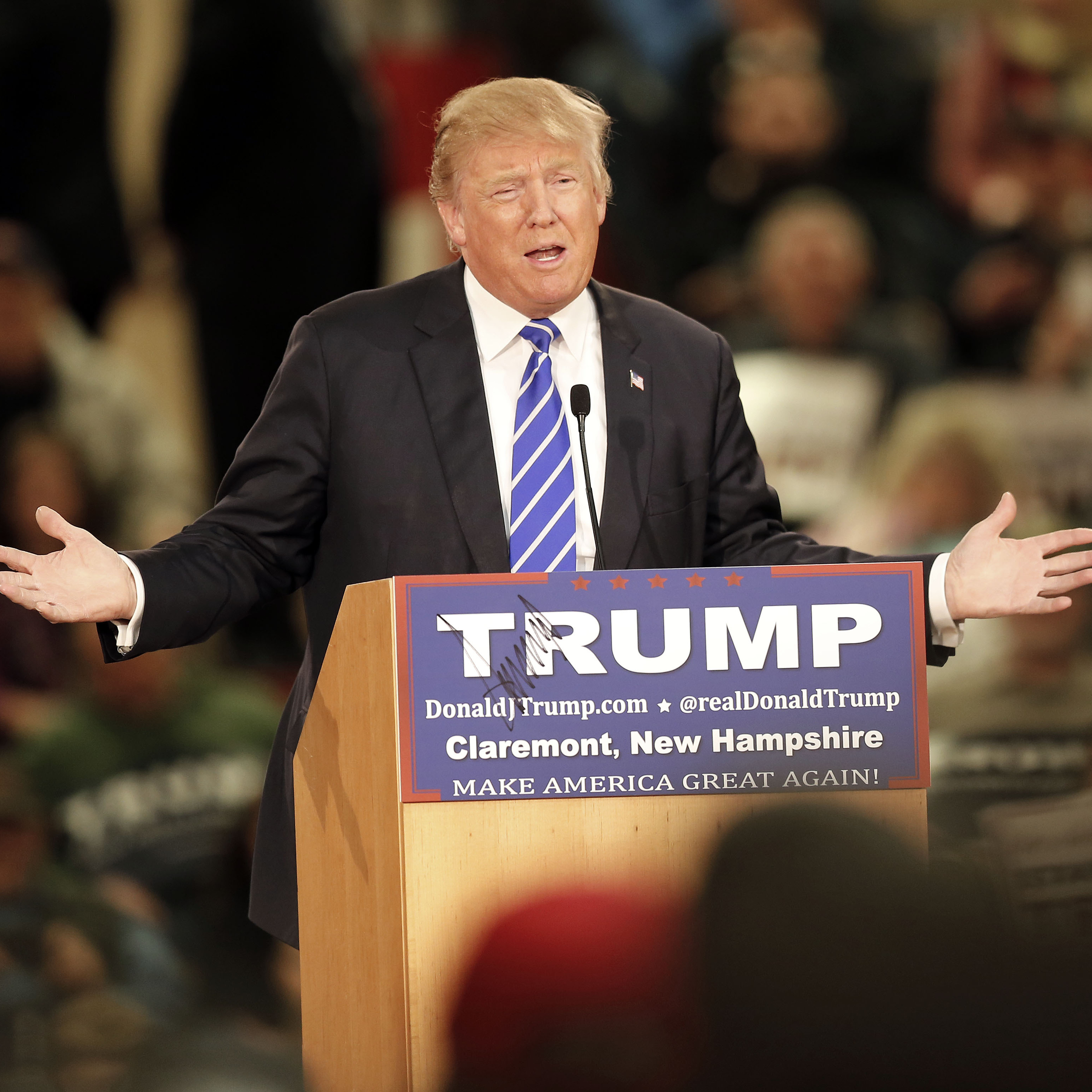 Republican presidential candidate Donald Trump speaks to a crowd at a campaign event Tuesday in Claremont, N.H.