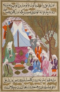 "Muhammad and Abu Bakr are feted by Umm Ma'badah's tribe," from a 16th-century illuminated manuscript depicting the life of the prophet Muhammad.