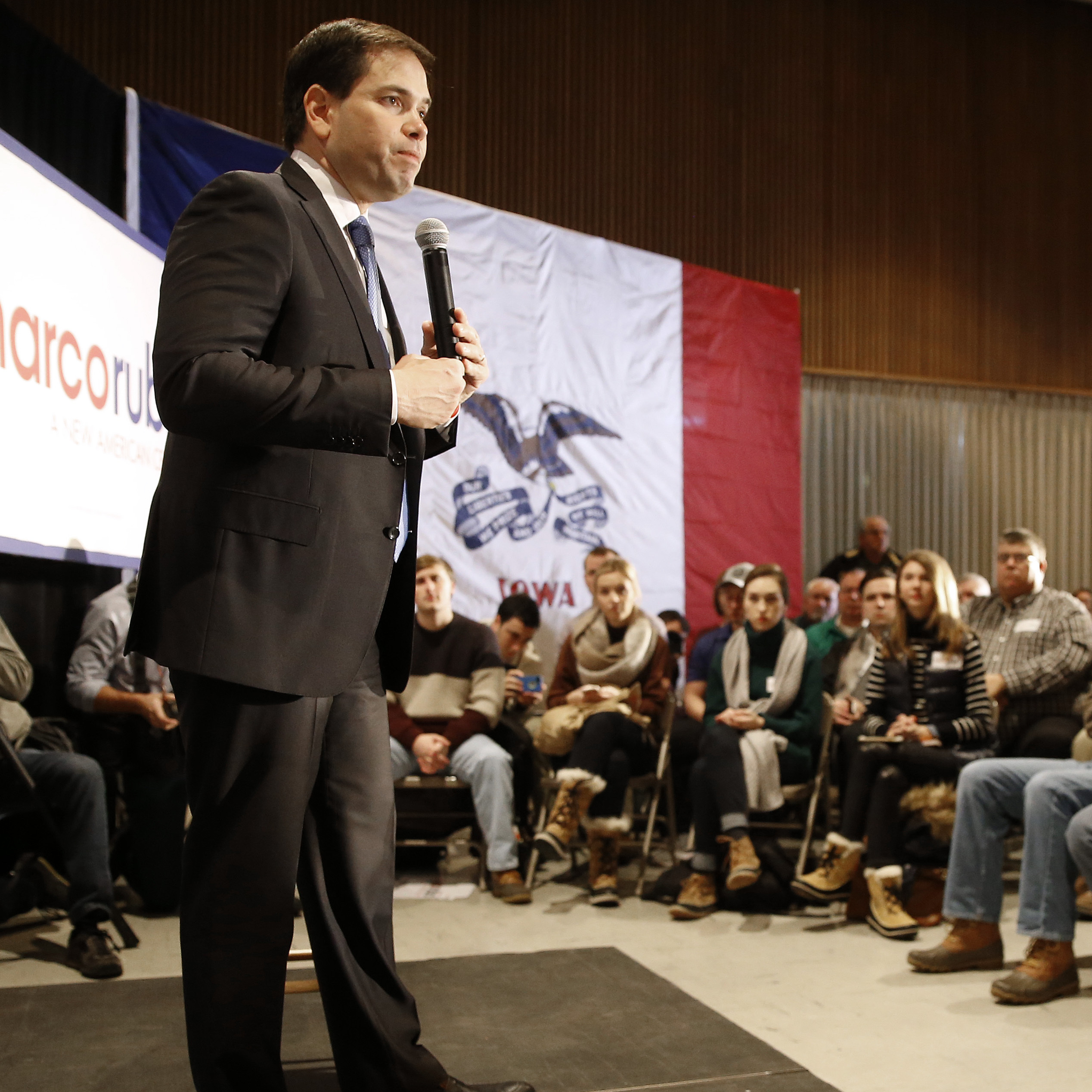 Republican presidential candidate Sen. Marco Rubio spoke at a town hall in Marshalltown, Iowa on Wednesday.