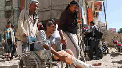 Yemenis wounded in the civil war call for an end to a blockade that's been keeping medical supplies from reaching Taiz.