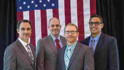 Dave Manning (left) and three other veterans who are studying to become physician assistants at the University of North Carolina in Chapel Hill.