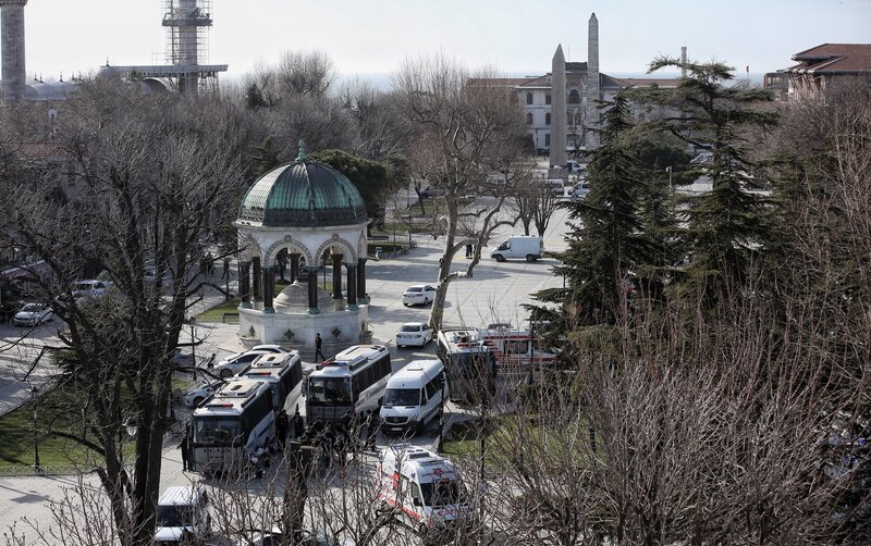 Ambulances and police are seen at the blast site after an explosion in Istanbul's central Sultanahmet district. At least 10 people were killed and 15 wounded in a suicide bombing near tourists in central Istanbul's historic Sultanahmet district. Ambulances and police are seen at the blast site after an explosion in Istanbul's central Sultanahmet district. At least 10 people were killed and 15 wounded in a suicide bombing near tourists in central Istanbul's historic Sultanahmet district.