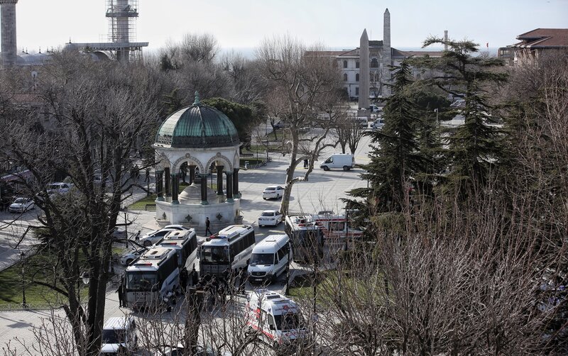 Ambulances and police are seen at the blast site after an explosion in Istanbul's central Sultanahmet district. At least 10 people were killed and 15 wounded in a suicide bombing near tourists in central Istanbul's historic Sultanahmet district.