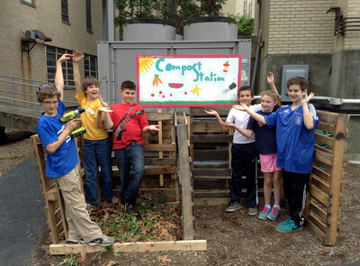 A compost station for organic waste created by fifth graders at the Jewish Community Day School of Rhode Island in Providence. (Courtesy of Hazon)