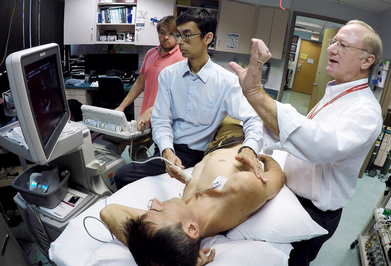Dr. Benjamin Levine performs an echocardiogram on Ben Lecomte to record a baseline of his heart function at the Institute for Exercise and Environmental Medicine in Dallas. Dr. Benjamin Levine performs an echocardiogram on Ben Lecomte to record a baseline of his heart function at the Institute for Exercise and Environmental Medicine in Dallas.
