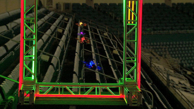 Drones race at Sun Life Stadium near Miami. (The Drone Racing League) Drones race at Sun Life Stadium near Miami.