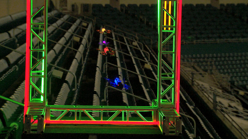 Drones race at Sun Life Stadium near Miami. (The Drone Racing League)