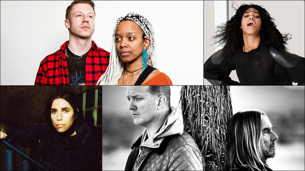 Clockwise from upper left: Macklemore and Jamila Woods, Santigold, PJ Harvey, Iggy Pop and Josh Homme