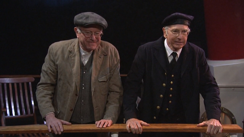 As "Bernie Sanderswitzky," Bernie Sanders alluded to a central campaign message in one skit. "I'm so sick of the 1 percent getting this preferential treatment," he says, in an argument with Larry David's character over who gets lifeboats first in a Titanic-esque situation.