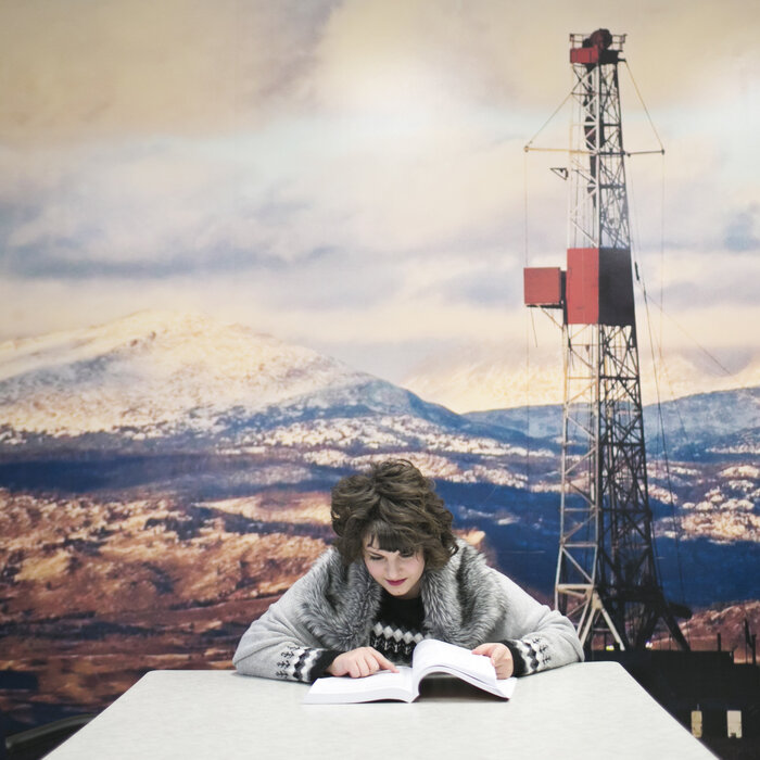 Katie Plas, a junior petroleum engineering major at Marietta College, studies before class.