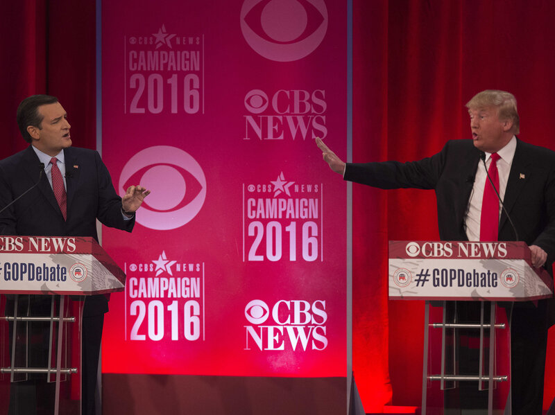 Republican presidential candidates Donald Trump and Ted Cruz argue during the CBS News Republican Presidential Debate in Greenville, South Carolina on Saturday. (JIM WATSON/AFP/Getty Images) Republican presidential candidates Donald Trump and Ted Cruz argue during the CBS News Republican Presidential Debate in Greenville, South Carolina on Saturday. (JIM WATSON/AFP/Getty Images)