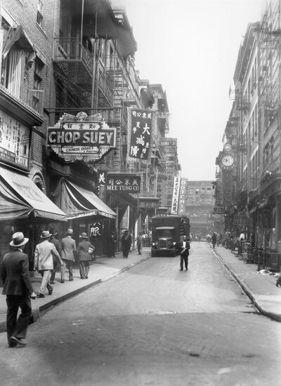 A view of New York City's Chinatown in the 1930s. Between 1910 and 1920, the number of Chinese restaurants in New York quadrupled, and it more than doubled between 1920 and 1930, according to legal historian Heather Lee. (Keystone-France/Gamma-Keystone via Getty Images)