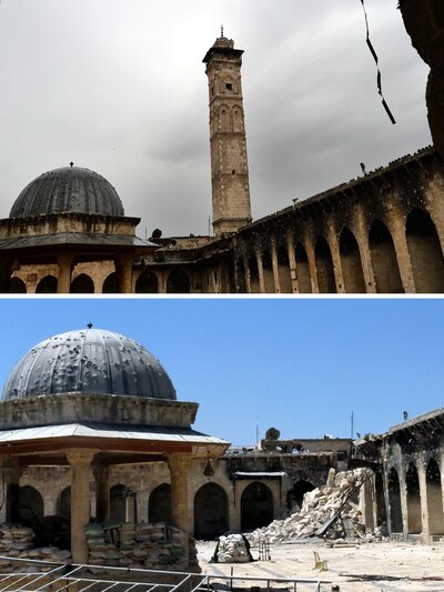 Two pictures show the minaret of Aleppo's ancient Umayyad mosque, a UNESCO World Heritage Site, on April 16, 2013, and the rubble after it was blown up on April 24, 2013. (Jalal al-Halabi,Dimitar Dilkoff/AFP/Getty Images)