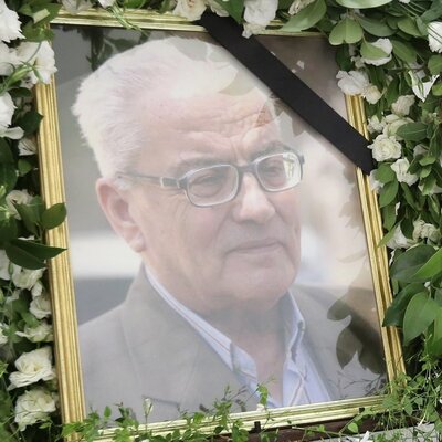 A portrait of Khaled al-Assad, is displayed during a ceremony in his memory at the National Museum on Aug. 23, 2015 in Damascus. (Louai Beshara/AFP/Getty Images)