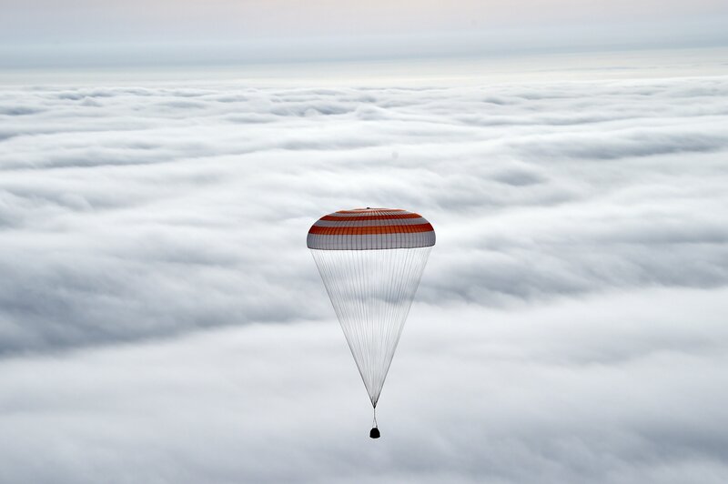 The Soyuz TMA-18M capsule carries International Space Station crew members Scott Kelly, Mikhail Kornienko and Sergei Volkov before landing in Kazakhstan. (Kirill Kudryavtsev/AFP/Getty Images)