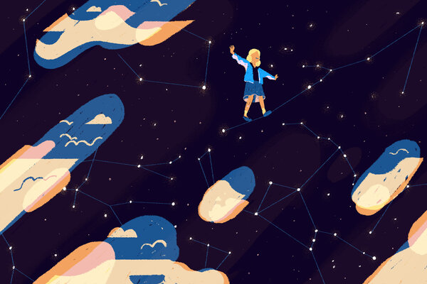 Student connecting dots of constellations in the sky