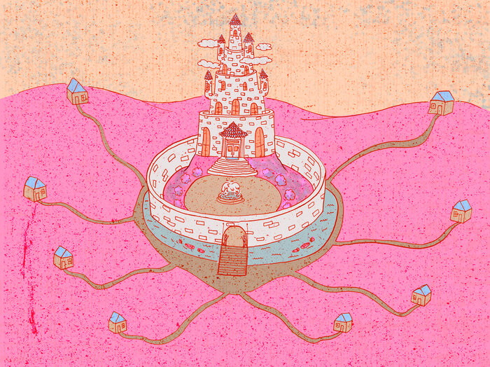 A castle-as-school sits on top of a hill inside a wall with tiny houses outside of wall