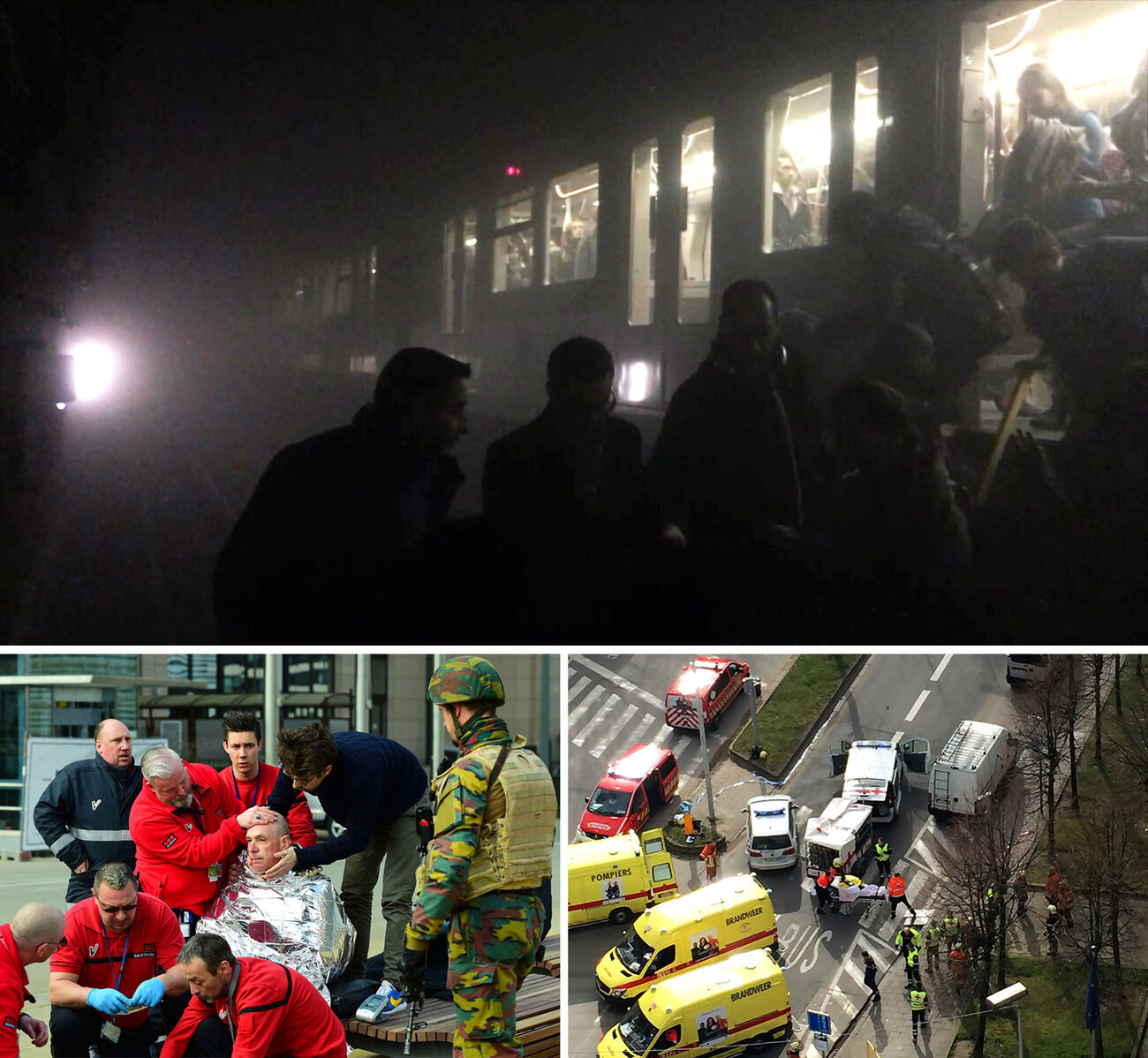 (Top) Passengers clamber from a metro carriage after explosions. (Left) A victim receives first aid from responders near the Maelbeek metro station. (Right) Rescue teams evacuate wounded people outside the station.