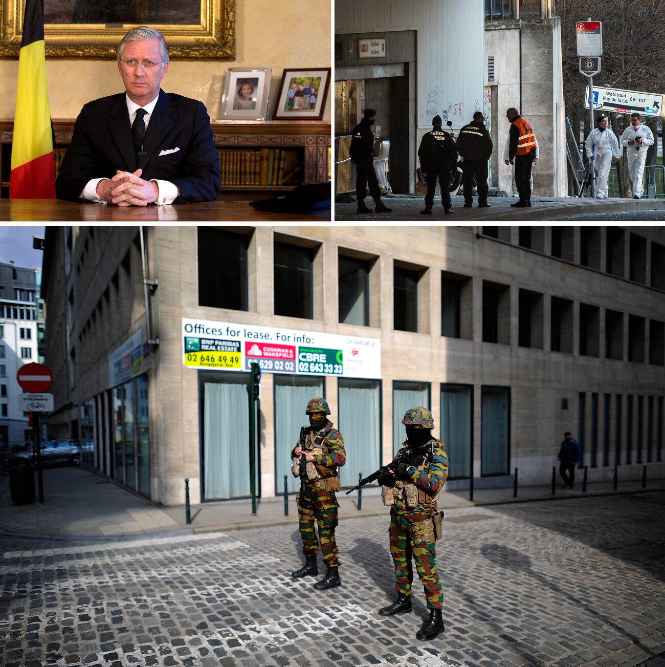 (Above, left) Belgium's King Philippe delivers a speech. (Right) Forensic police enter the Maelbeek metro station in Brussels. (Bottom) Soldiers patrol the scene at the metro station.