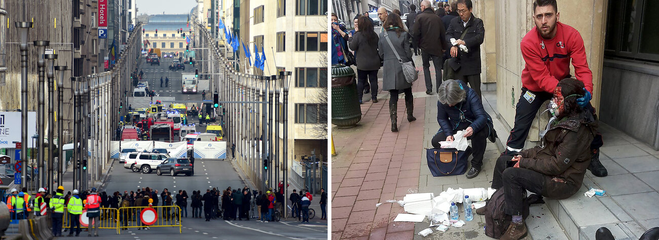 (Left) A security perimeter has been set near the entrance to the Maelbeek metro station in Brussels. (Right) A private security guard helps a wounded woman outside the Maelbeek metro station.