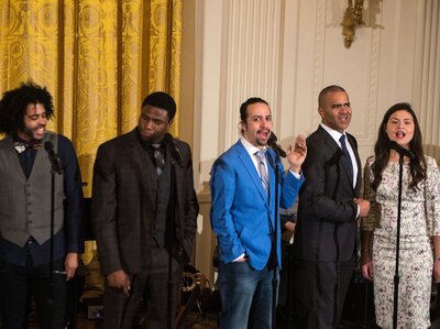 Hamilton got more Tony nominations than either The Producers or Billy Elliot did in their respective years. Here, Broadway cast members including the show's creator and star, Lin-Manuel Miranda (in blue), performed at the White House last month.