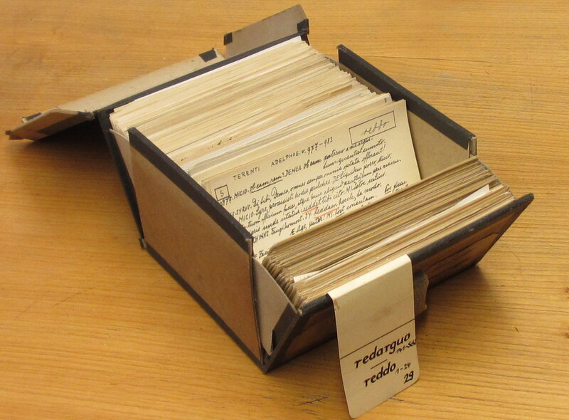 Each one of these small boxes contains more than 1,000 references to a particular Latin word. Scholars made these notes more than 100 years ago. In this case, the box contains notes for two words, redargua, which means "stopped" and reddo, which has several meanings, including "return" and "restore." Each one of these small boxes contains more than 1,000 references to a particular Latin word. Scholars made these notes more than 100 years ago. In this case, the box contains notes for two words, redargua, which means "stopped" and reddo, which has several meanings, including "return" and "restore."
