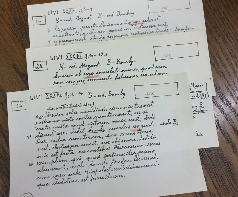 A sample of the note cards the scholars are using to assemble the comprehensive Latin dictionary. A sample of the note cards the scholars are using to assemble the comprehensive Latin dictionary.