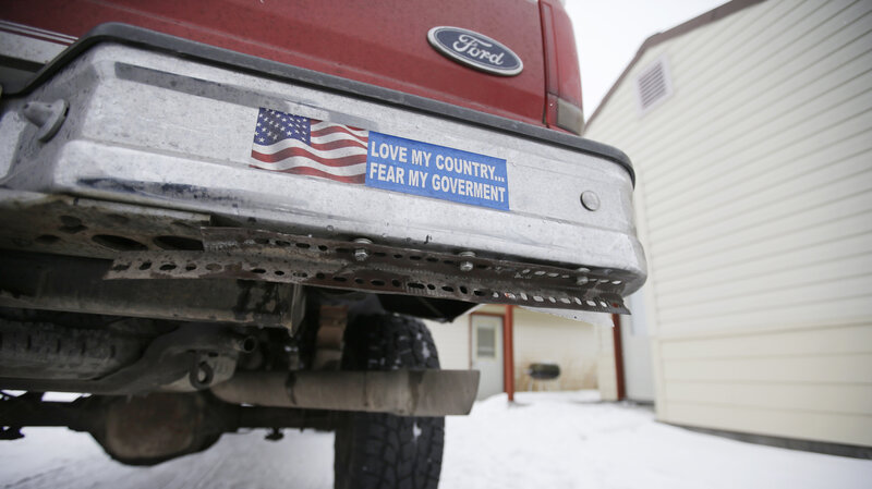 A truck displaying a bumper sticker at Malheur National Wildlife Refuge headquarters on Jan. 5 near Burns, Ore. Armed anti-federalists took over the wildlife refuge in Oregon for 41 days. The occupation ended on Feb. 11.